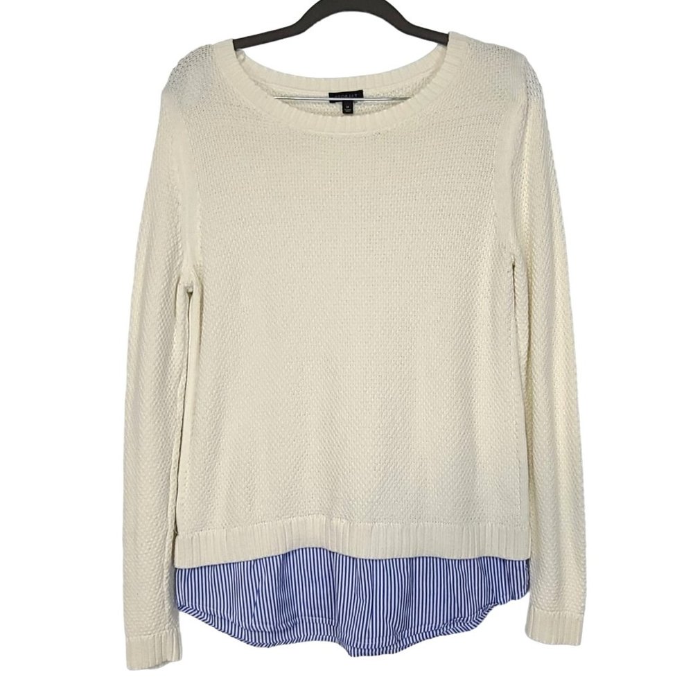 Talbots Womens Ivory Knit Sweater W Blue Striped Faux Shirt Tail Size M